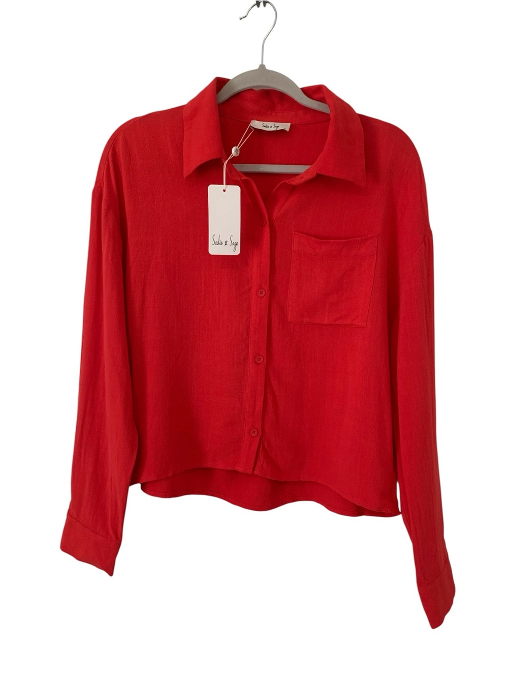 Sadie & Sage Red Linen Blend Crop Button Down Shirt Pocket Long Sleeve S NWT